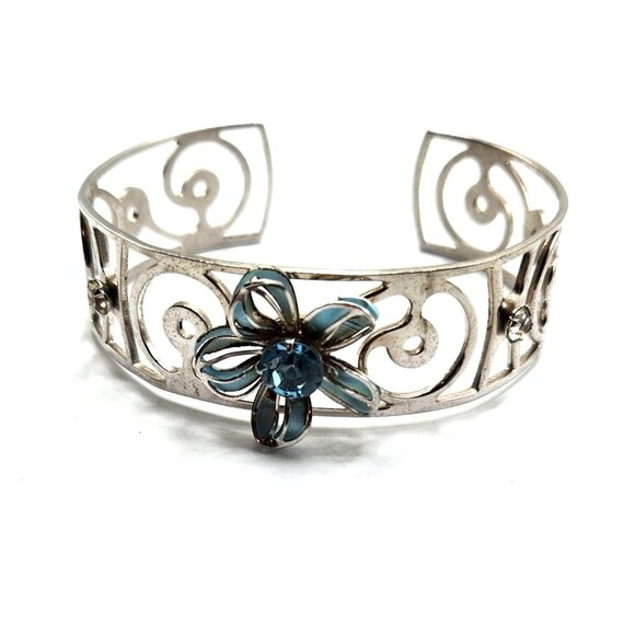 Open Work Silver Tone White Enamel Aqua Crystal Rhinestone Cuff Bracelet - Picture 2 of 6